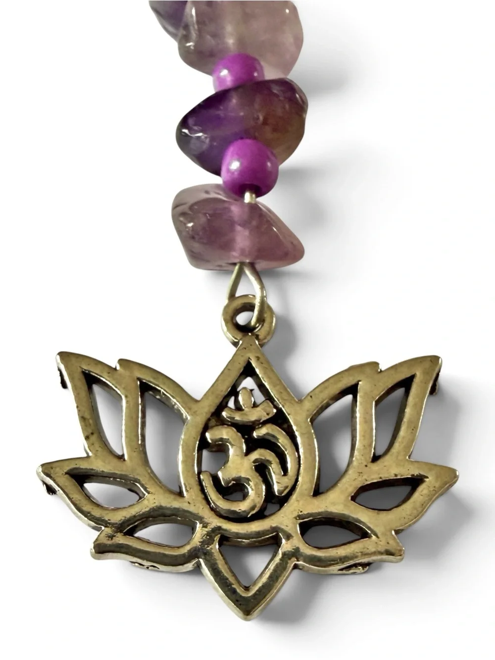 Handmade Amethyst Keychain/Bag Charm with Silver‑Tone Lotus & Om Symbol